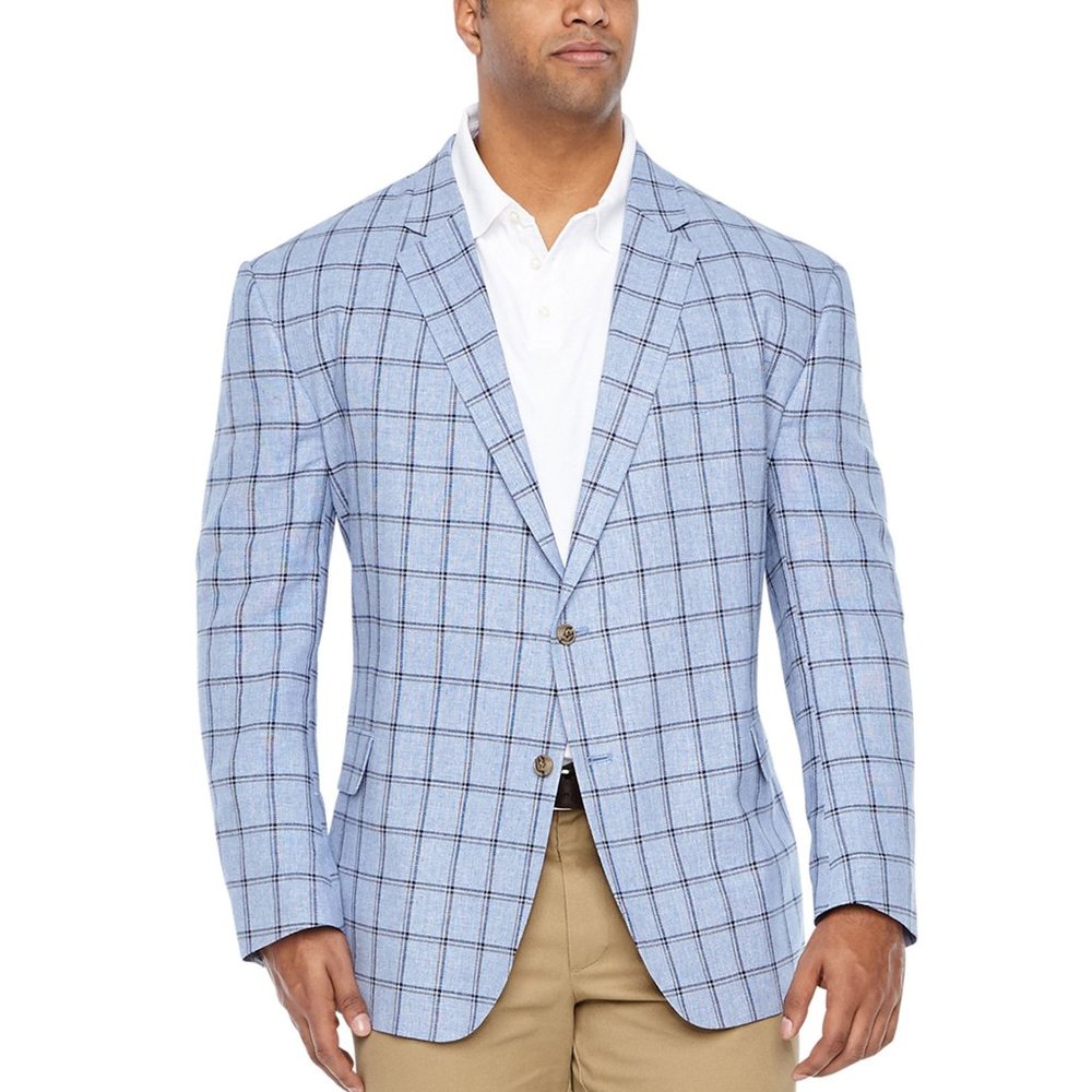 Stafford Blue Brown Windowpane Linen Sport Coat - Picture 3 of 11